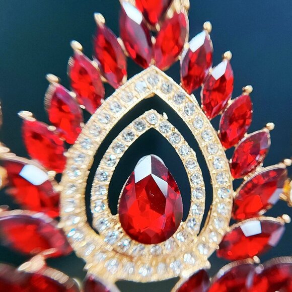 Quinceanera Crown, Ruby Rhinestone Crown, Large Size Crown, Gold Crystal Crown main image 5